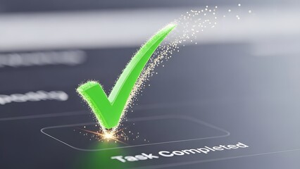 Green check mark with sparkling particles on a dark task completed screen