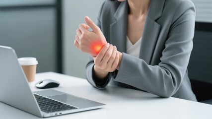 Physical therapy Posture correction Ergonomics Professional woman gray suit wrist discomfort while working desk with laptop, highlighting ergonomics for comfort and strain reduction