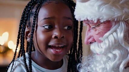 Joyful Christmas moment with Santa and child. Little girl shares excitement with Santa Claus. Holiday spirit brightens atmosphere. Heartwarming interaction captures essence of festive season.