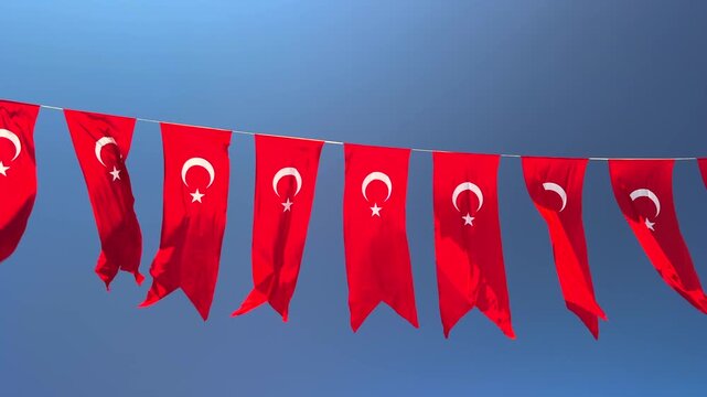 Turkish flags waving in the wind with blue sky over Taksim Square in Istanbul