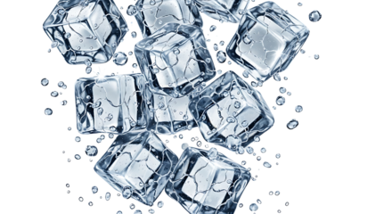 Clear ice cubes falling against black background