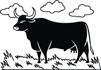 Standing bull in a field silhouette isolated on transparent background