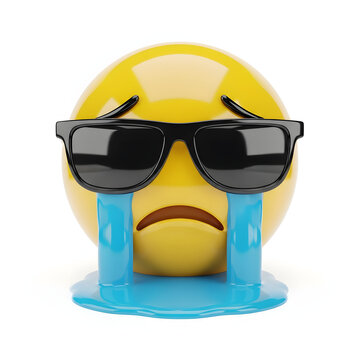 Uncool emoji with sunglasses crying, expressing sadness and despair, perfect for conveying emotional messages and relatable content about disappointment