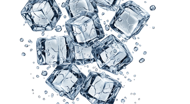 Clear ice cubes falling against black background