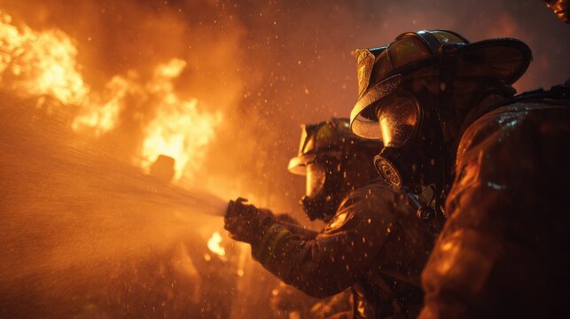 Brave firefighters battling intense flames in a building spraying water hoses rescuing people smoke billowing heroic teamwork displayed