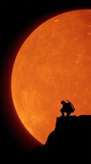 Adventurer gazing at the rising orange moon