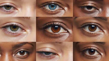 Collage of diverse human eyes with varying colors and skin tones in a grid layout