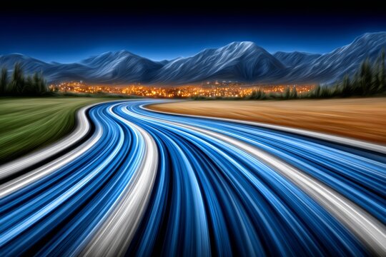 Stylized light trail highway, blue and white, representing a journey to a mountain town at night - Powered by Adobe