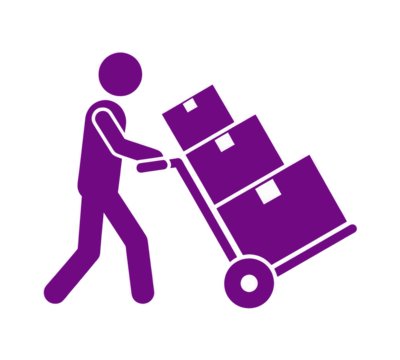 Simplified purple icon of a person moving boxes with a dolly for delivery, logistics, or moving services with easy customization and transparent background
