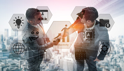 Two business professionals shaking hands in front of a city skyline, with productivity icons overlaying the image, emphasizing collaboration and success in corporate environments. Gantry