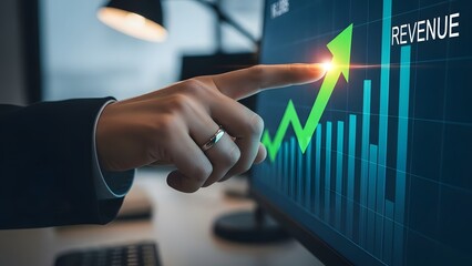Businessman analyzing revenue growth on computer screen pointing at upward trend line