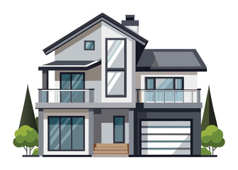 Illustration of a modern two story house with a garage and balcony on a white background
