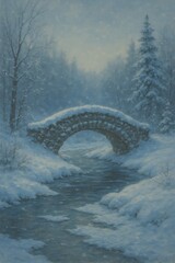 A small, snow-covered bridge arching over a partially frozen stream in a winter wonderland.