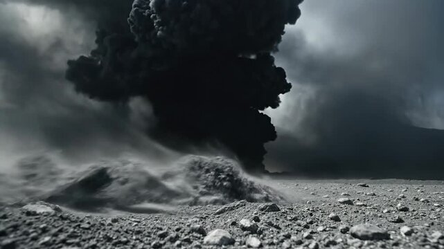 Dramatic Volcanic Eruption Spewing Huge Ash Cloud Over Rocky Landscape