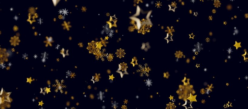 Festive abstract background of golden and silver snowflakes and stars on a dark blue background. Perfect for Christmas o