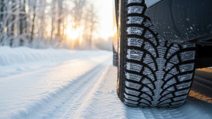 Winter tires provide safe travel on snowy roads during golden sunrise