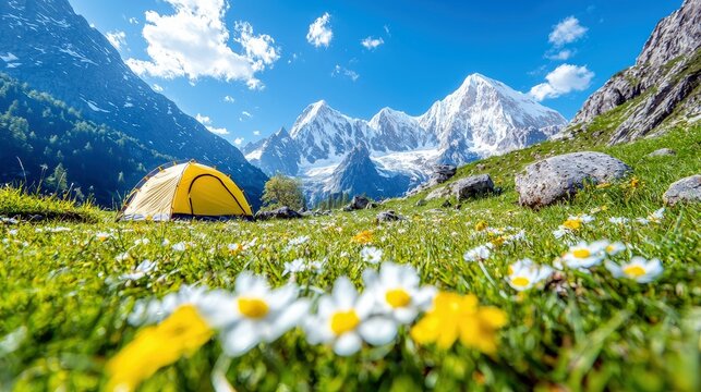 A yellow tent sits in a vibrant green meadow filled with wildflowers, with majestic snow-capped mountains and a bright blue sky with fluffy clouds in the backgr - Powered by Adobe
