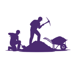 Silhouette of determined miners digging with pickaxe and wheelbarrow, symbolizing hard work, perseverance, and resourcefulness in the mining industry