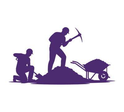 Silhouette of determined miners digging with pickaxe and wheelbarrow, symbolizing hard work, perseverance, and resourcefulness in the mining industry
