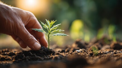 A person ' s hand is touching a small plant