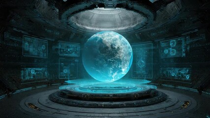 Holographic Earth Globe Projection in Futuristic Command Center with Blue Toned Illumination and Detailed Console Displays - Powered by Adobe