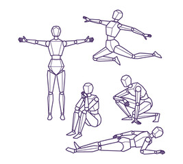Dynamic human figure sketches showing poses for artistic expression, yoga, dance, and athletic training, ideal for creative projects and health guides