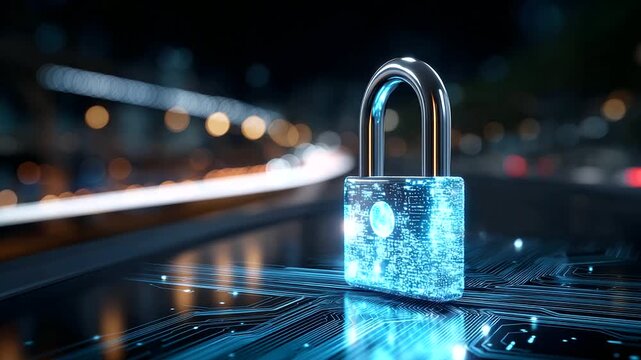 Digital padlock in futuristic tunnel, defocused circuit lines, cybersecurity concept, data protection technology, binary code background, network security visualization, encryption