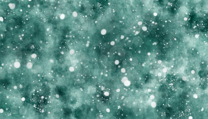 Abstract winter watercolor dark turquoise background with highlights and fluffy falling snow. Empty space for your text. Illustration.