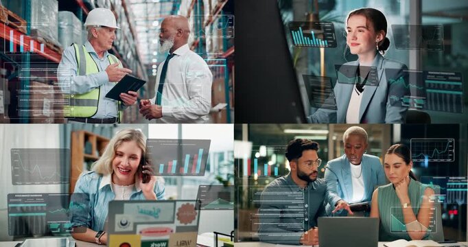 Trading, visualization and composite with business people, internet and starts for investment growth. Employees, group and investors in workplace, technology or charts for profit increase and overlay - Powered by Adobe