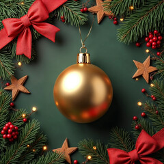 Festive Gold Ornament Hanging on Green Surrounded by Red Bows and Christmas Tree Branches
