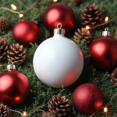 Festive Red and White Ornaments on Evergreen with Pinecones and Warm String Lights