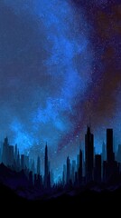 City skyline under a starry night sky
