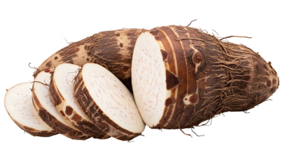 Fresh taro root sliced on black background