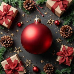 Festive Red Ornament with Brown Gifts and Green Pine on Transparent Background