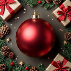 Festive Red Christmas Ornament with Wrapped Gifts and Pinecones on Gray Table
