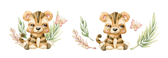 Cute Tiger with Tropical Leaves Butterfly Safari African animal. Watercolor hand painted illustration isolated on white background for exotic jungle design kids nursery wall stickers baby shower card