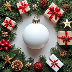 Festive White Ornament and Gift Boxes Surrounded by Green Pine Branches