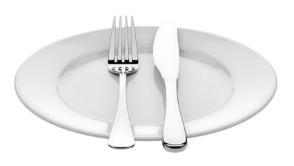 Elegant silverware set on white plate isolated black background