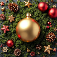 Festive Gold Christmas Ornament with Red Baubles and Pine Cones on Green Moss