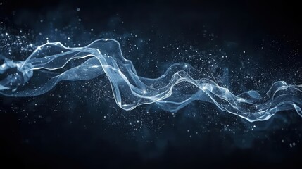 Glowing blue wave of light in dark space with particles