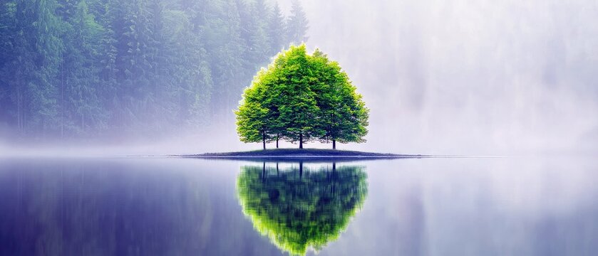 A group of trees reflected in the calm water of a lake, surrounded by mist and forest in a serene environment. - Powered by Adobe