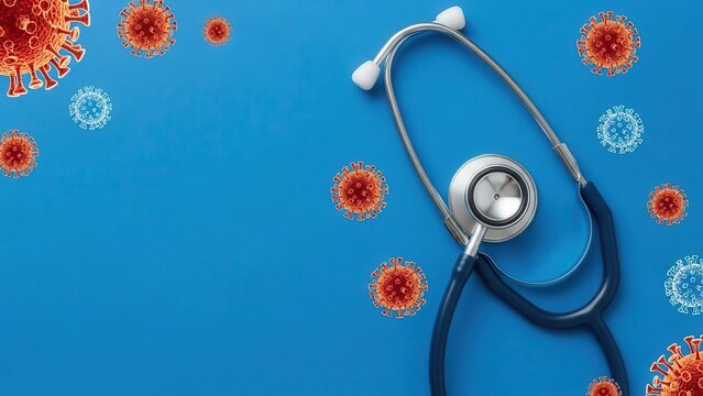 Medical stethoscope with virus cell models on blue background for healthcare