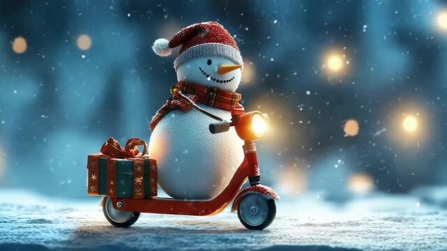 Charming snowman in Santa hat and scarf zips through a snowy evening on a red electric scooter, delivering a gift beneath twinkling holiday lights for a whimsical festive ride