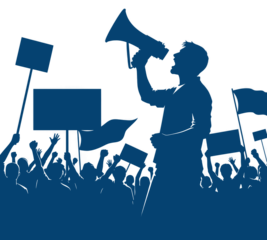 Powerful silhouette of a leader inspiring a crowd during a protest, capturing the spirit of social activism and community engagement in a dynamic design