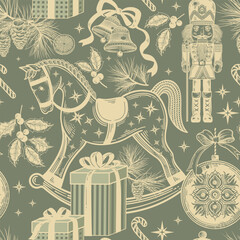 Vintage Christmas toys and gifts. Seamless pattern. Xmas symbols. Vector. Template for holiday wrapping paper.