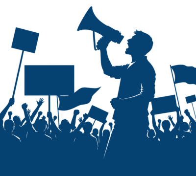 Powerful silhouette of a leader inspiring a crowd during a protest, capturing the spirit of social activism and community engagement in a dynamic design