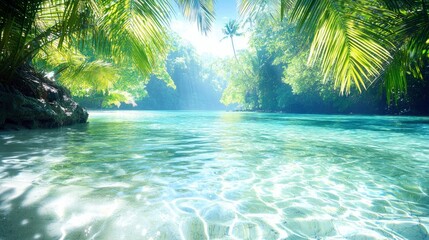 A tranquil tropical lagoon with crystal clear water, palm trees, and sunlight streaming through the trees.