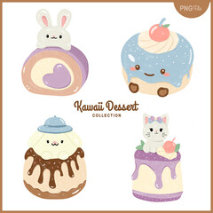 watercolor illustration set of sweet dessert in kawaii style