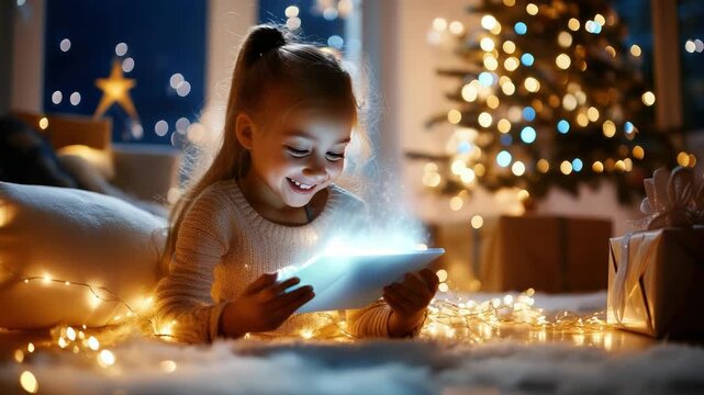Cheerful young girl lies on a plush rug, transfixed by a glowing tablet amid warm Christmas lights and a decorated tree, delight and wonder over her holiday gift