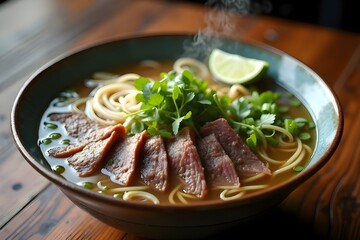 Vietnamese Pho Bowl with Tender Beef, Rice Noodles, Fresh Herbs, and Steaming Crystal Broth in Rustic Ceramic